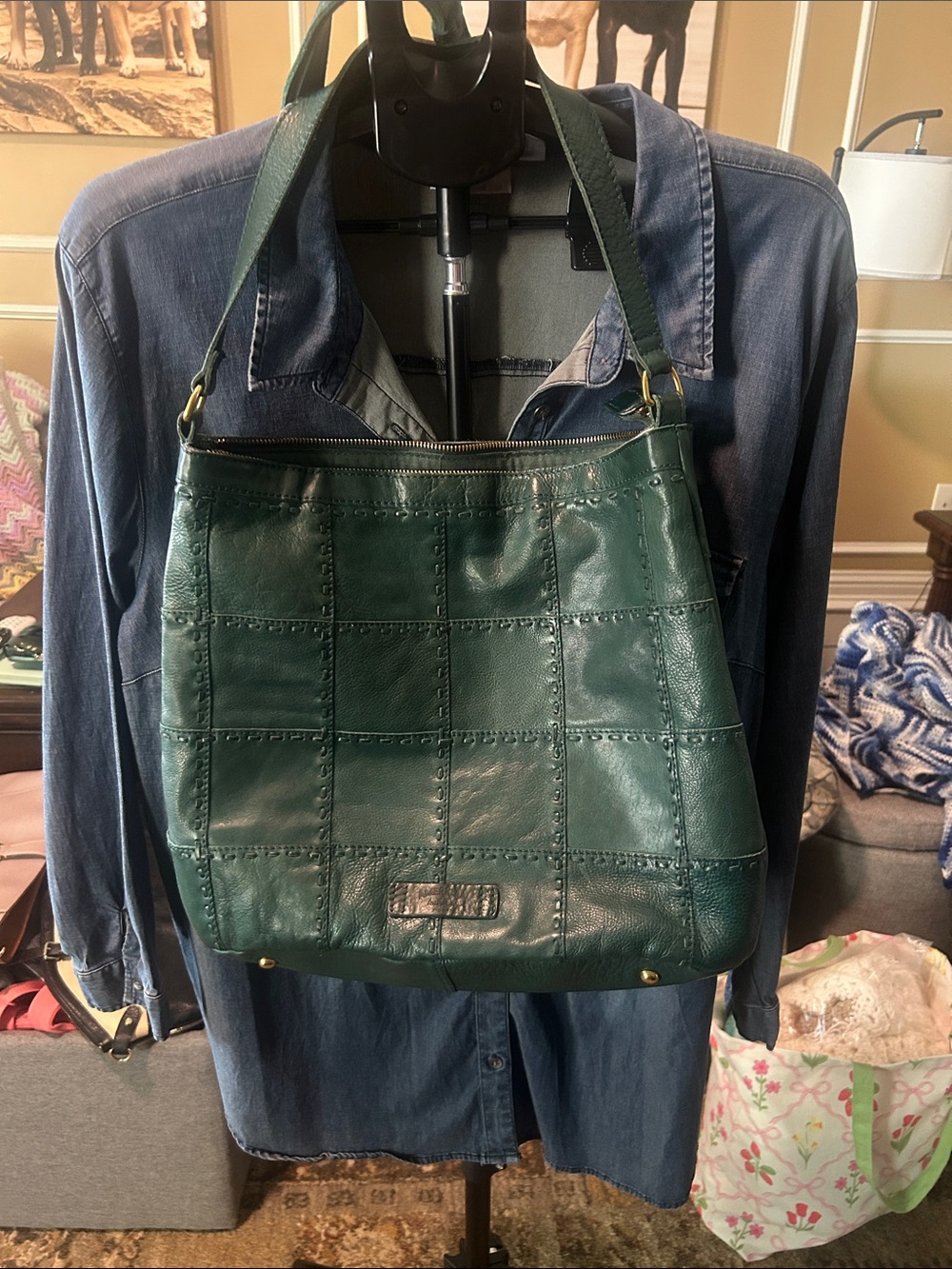 Green Leather Patchwork Shoulder Bag